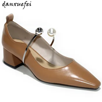 

Women's genuine leather beading metal buckle slip-on pumps thick high heel pointed toe elegant ladies OL style dress shoes women
