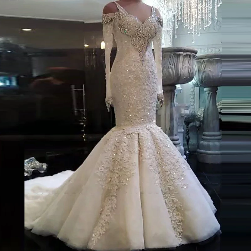 

Wedding Dress Lace Beads robe de mariee Crystal Wedding Dresses Mermaid Long vestido de noiva 2020 Bridal Gown With Sleeves