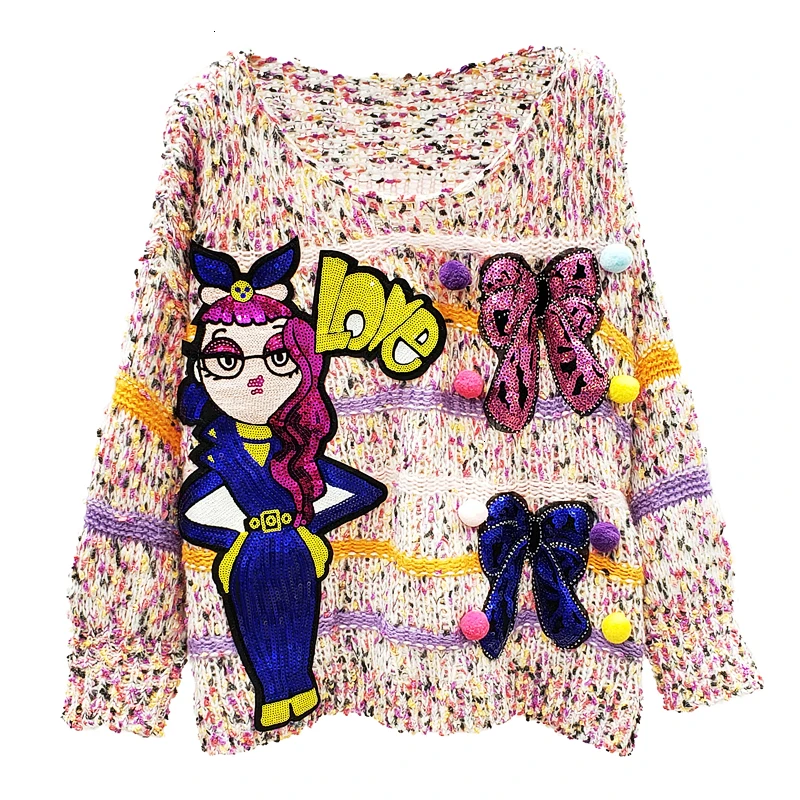 

Women Autumn Winter Sweater Pullover Cartoon Sequins Soft Knit Fashion Pullovers O Neck Loose Casual Sweater Women's Fashion New