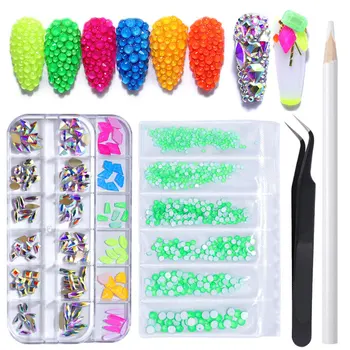 

3D Nail Rhinestones Set Nail Glue Crystals Picker Kit AB Color Nail Stone Flat Bottom Irregular Beads Nail Art Decorations
