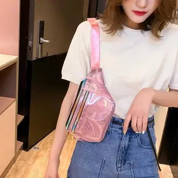 

Mesh Splicing Chest Bag Unisex Double-decker Zipper PVC Transparent Waist Pack Ladies Shoulder Bag for Vacation and Travel