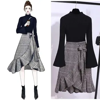 

ICHOIX Korean style 2 piece outifts elegant office mermaid skirt set knitted sweater set tops and skirt women 2 piece set winter