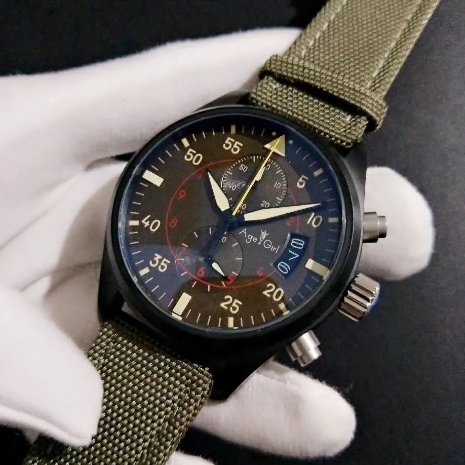 

Luxury Brand New Men Pilots Steel Sapphire Double Quartz Chronograph Canvas Green Sapphire Coffee Watch Black Case AAA+