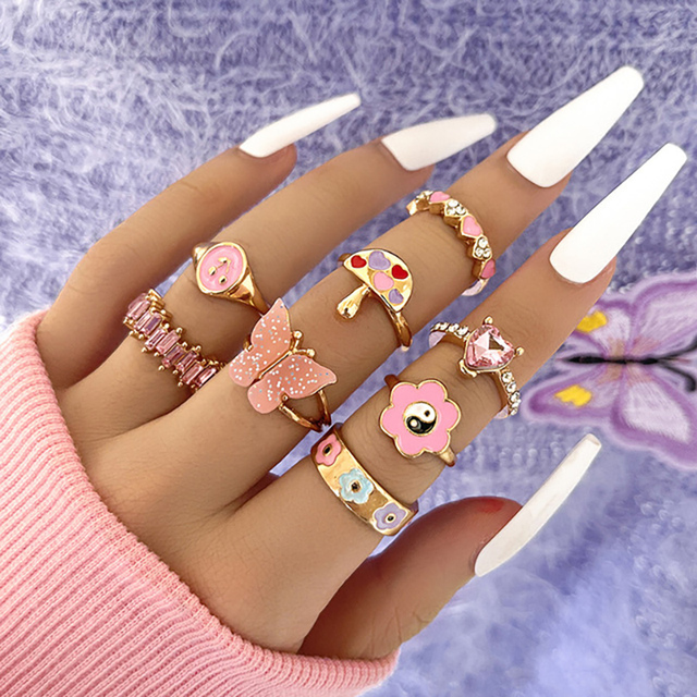Colorful Enamel Finger Ring Set For Women Heart Butterfly Flower Crystal Kunckle Rings Fashion Lady Party Jewelry