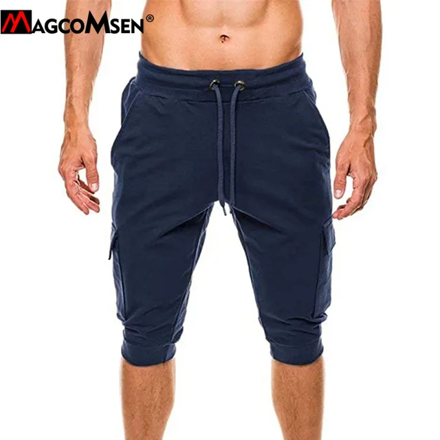 MAGCOMSEN 3/4 Summer Joggers Pants Men's Large Pockets Sweatpants Casual Gym Fitness Trousers Sportswear Drawstring Capris Pants 2