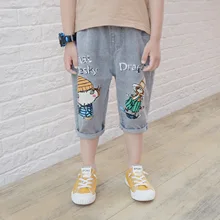 Новые летние комплекты для мальчиков в ковбойском стиле капри большой классический костюм на мальчика в Корейском стиле контраст Цвет принт с героями мультфильмов, детские джинсы