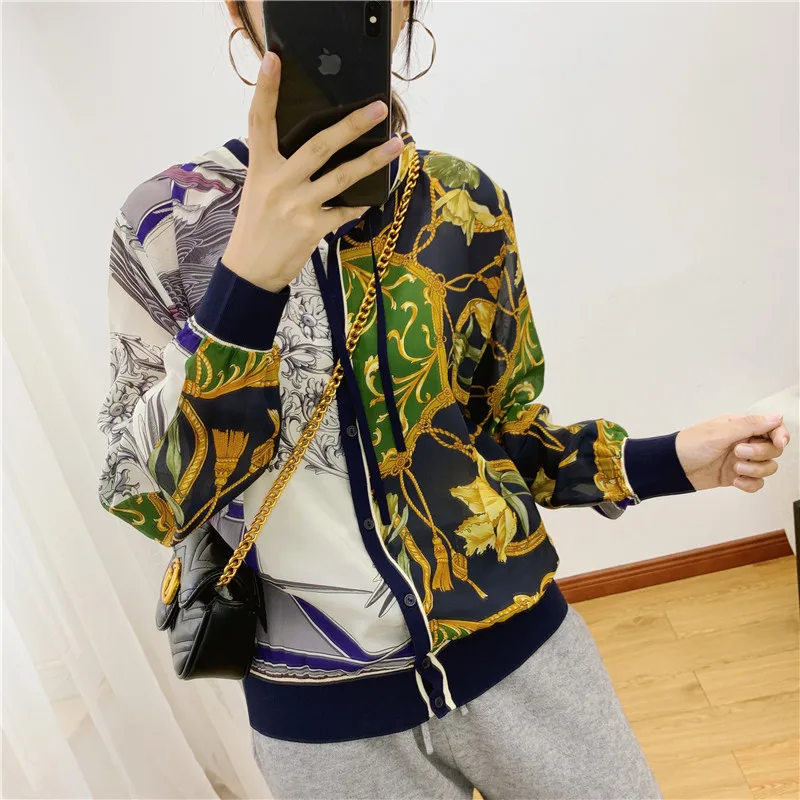 

2019 Autumn WOMEN'S Dress Europe And America Hooded Magpie Positioning Printed Real Silk Spell Knitted Long-sleeved Cardigan F81