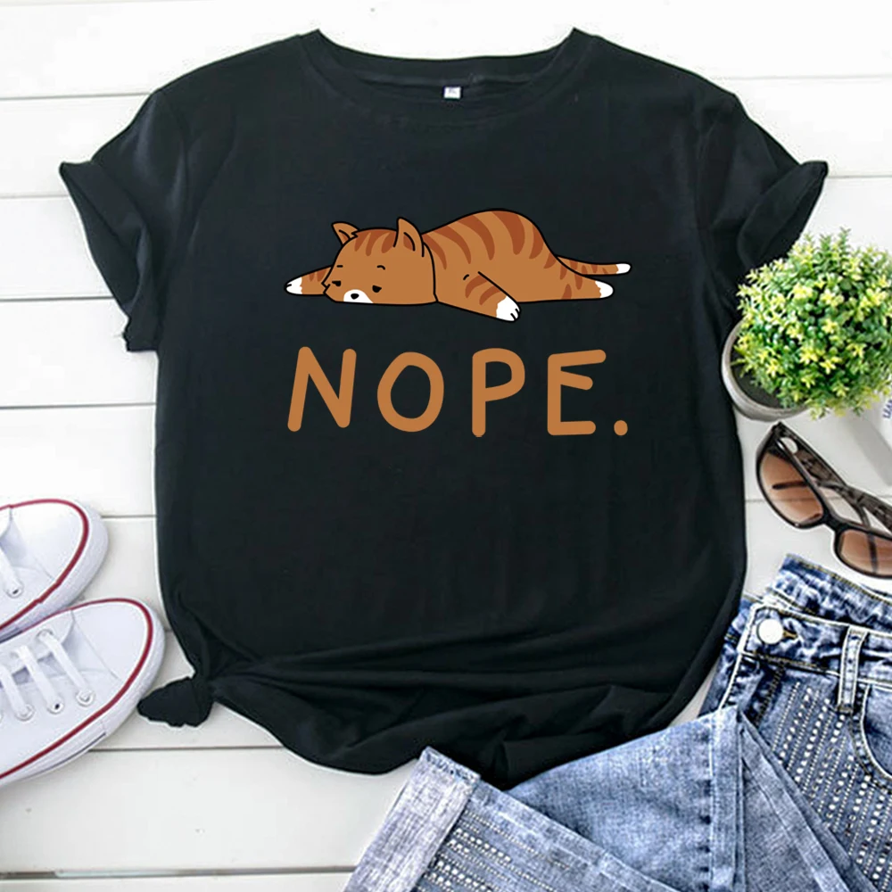 Small Cat Character Letters Cartoon Printing T Shirt For Women Gothic Oversized Women'S Clothes Fashion Kawaii Woman T-Shirt