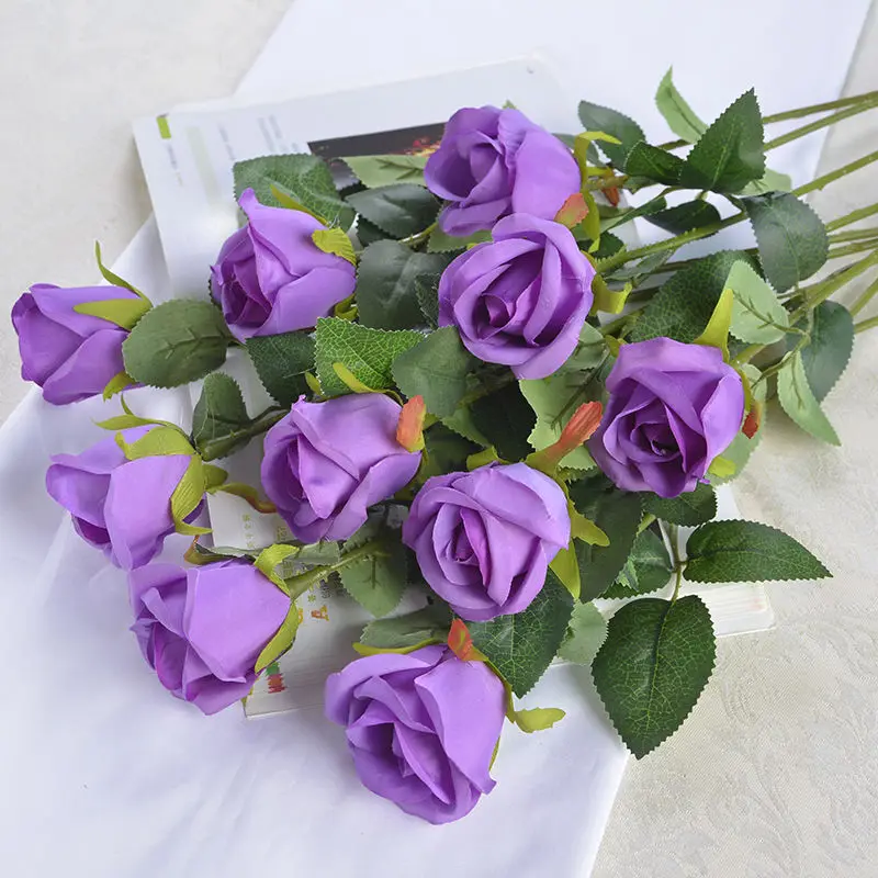purple 10 шт. элегантные европейские Искусственные цветы Красная фиолетовая Роза имитация фланелевые Цветы Букет украшение для дома вечерние свадебные украшения - Цвет: purple