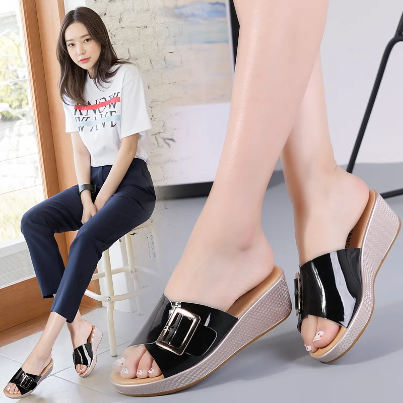 

2019 Summer Genuine Leather Women's Platform Thickness Sandals Casual Slanted Heel Slipper Semi-high Heeled Fashion Students Sli