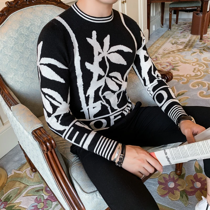Модный осенний и зимний мужской джемпер с круглым вырезом и длинными рукавами, корейский тонкий свитер хитового цвета с цветами