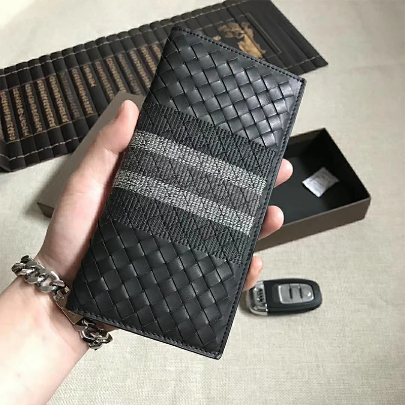 Woven Embroidered Genuine Leather Men's Long Wallet Luxury Brand Design 100% Cowhide Clutch Business Suit Money Clips 2021 New
