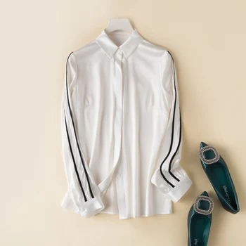 

2020 Women Luxury Brand Design White Black Striped Satin Silk Blouse Shirt Office Ladies Top