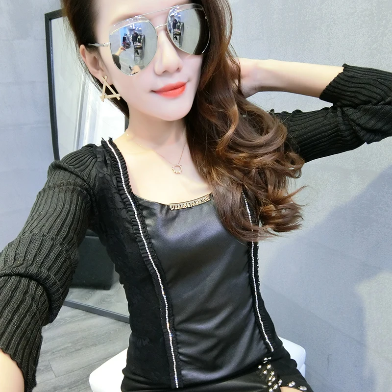 Black tshirt Модная Лоскутная Кружевная футболка со стразами из искусственной кожи для женщин, новинка, Осень-зима, поддельные топы из 2 частей, одежда, Camiseta Mujer Tee T9N401 - Цвет: Black tshirt