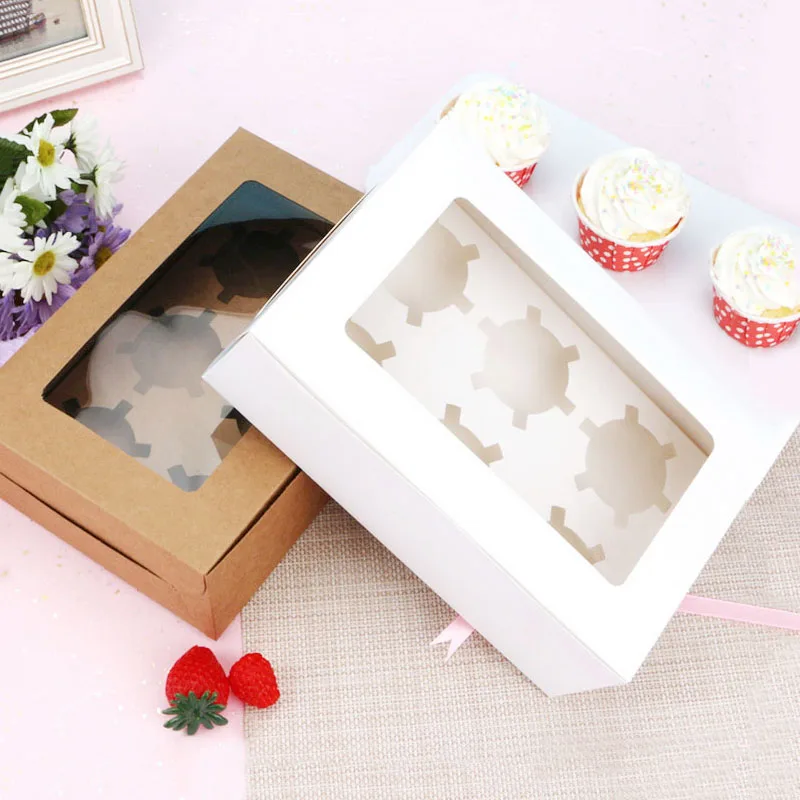 

10pcs/lot Kraft paper box for cake macaron kraft box with window paper cake packaging box wedding party 6 cupcake cookies boxes