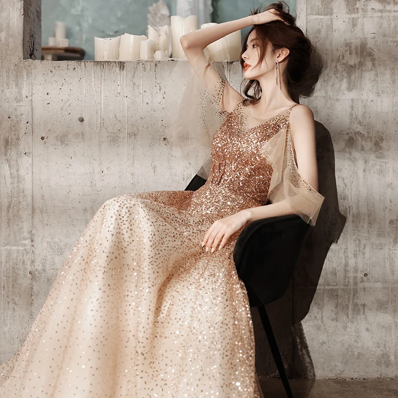 Gold Sequin Long Dresses Evening Wear Elegant O-neck A-line Floor-length  Shiny Sparkly Prom Party Dresses 2021