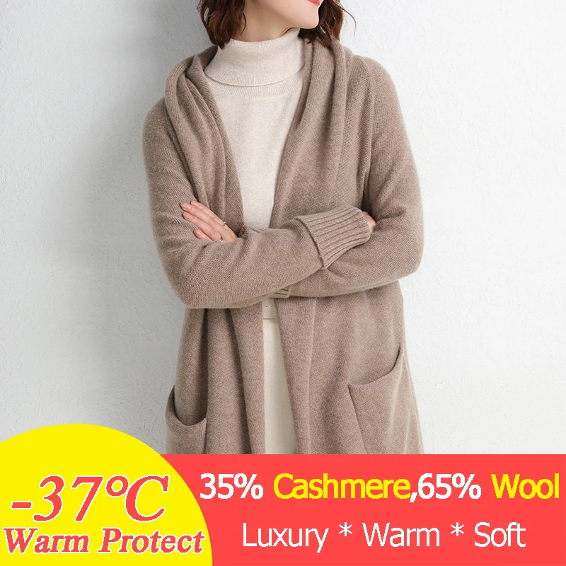 

Geniune Cashmere Sweater Women Cardigan Korean Plus Size Lady Retro Long Cardigan Coat With Hood Women Big Size Knitwear Loose