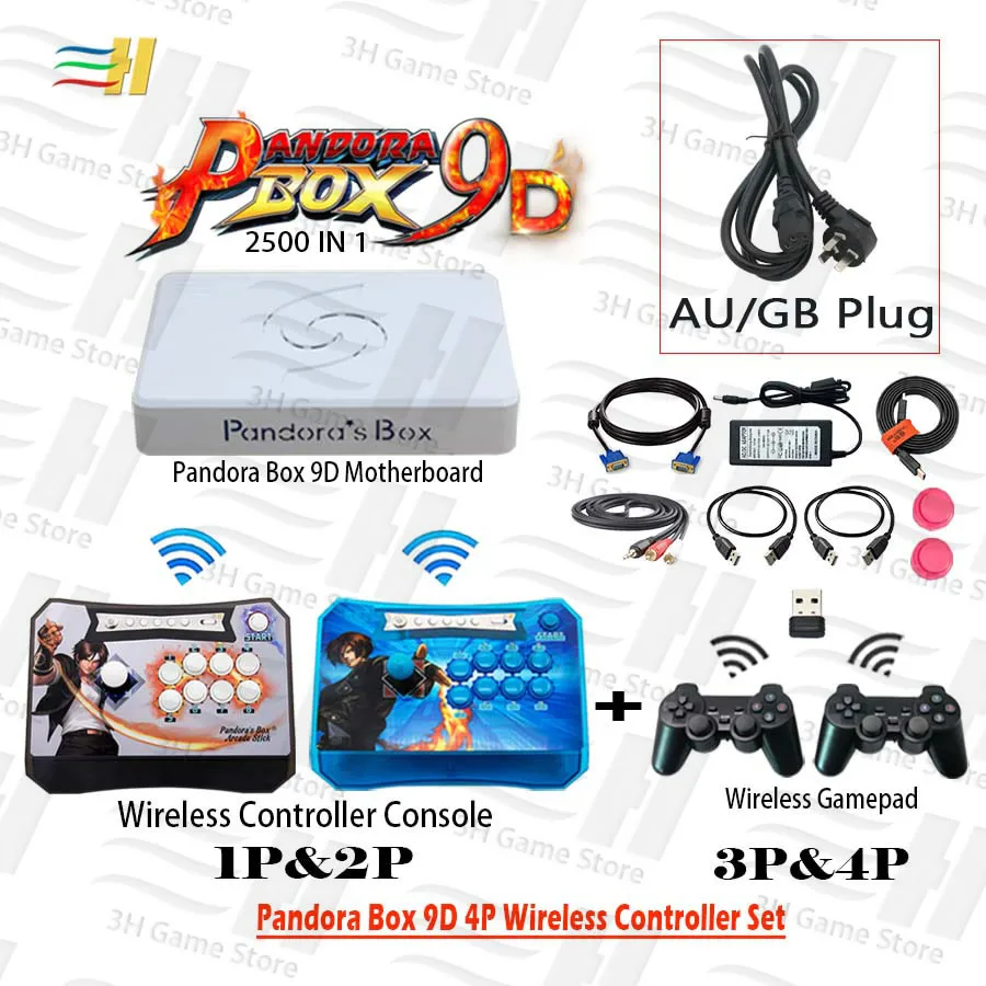 4P blue kof wux GB Pandora Box 9D беспроводной 4 игрока набор 2500 В 1 есть 3D игры Беспроводной аркадный джойстик контроллер и геймпад HDMI VGA для ТВ ПК ps3 - Цвет: 4P blue kof wux GB