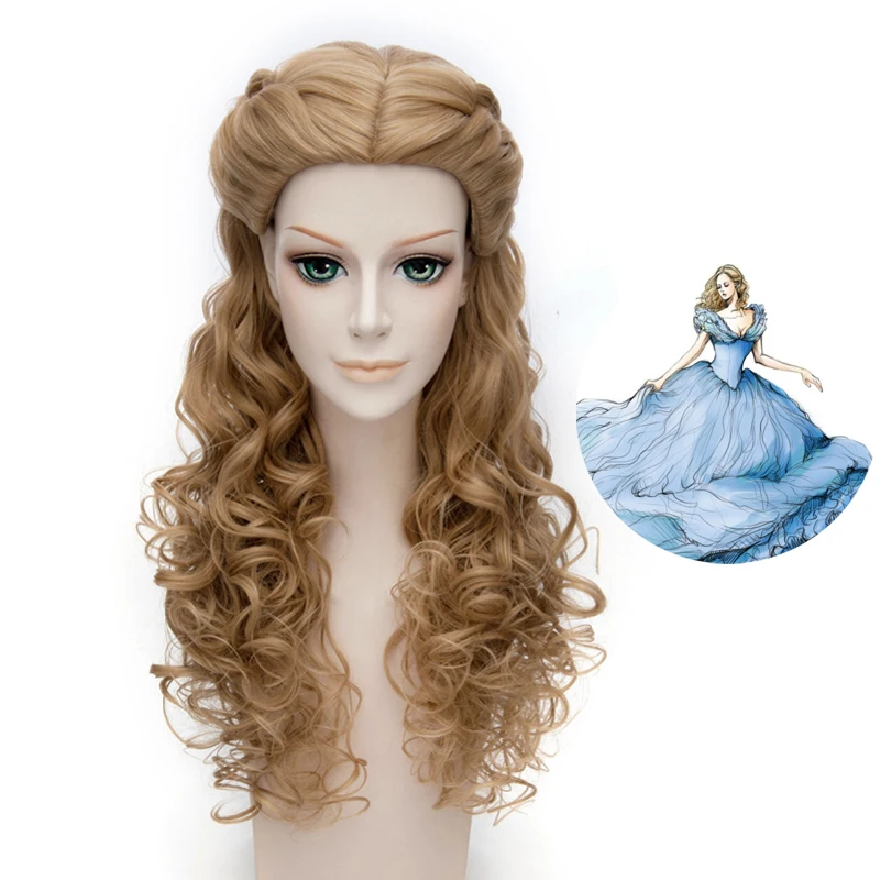 

Anime 70cm Blonde Mix Wavy Long Central Part Styled Synthetic Hair Cosplay Full Wigs For Women Princess Cinderella Wig+ Wig Cap