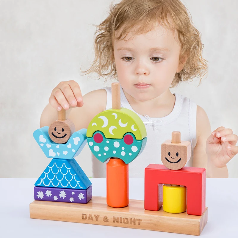Children's Day and Night Animal Puzzle Building Blocks Educational Wooden Toys For Kids Early Learning Interactive toys Gift | Игрушки и