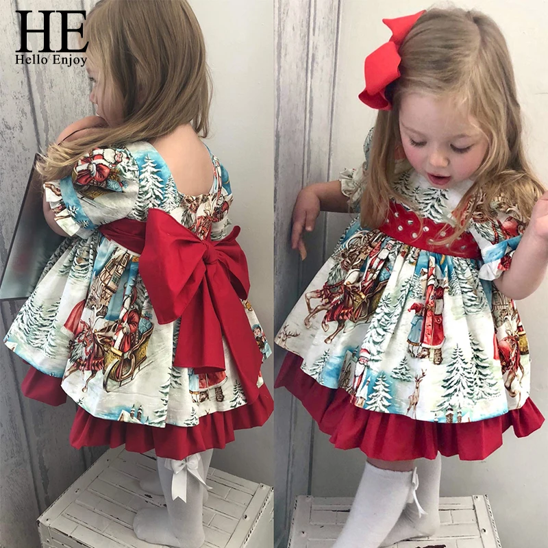 HE Hello Enjoy/рождественские платья для девочек; детская одежда для малышей; вечерние платья с Санта-Клаусом; милая Рождественская одежда с красным бантом