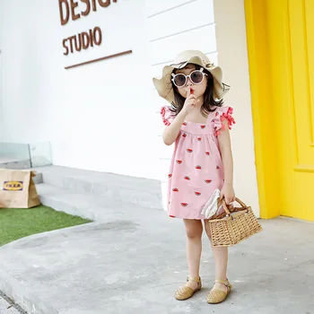 

Toddler Baby Girls Dress Watermelon Printed Dresses Clothing Outfits Fly Sleeves with Pom Poms A-Line Casual Pink Dresses