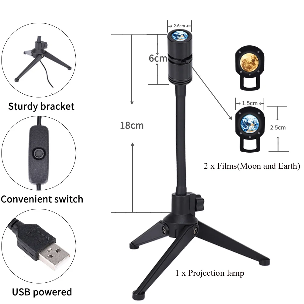 Earth Moon Projection On Wall Lamp 360&deg; Rotatable Bracket DC5V USB Live Background Light Home Party Living Room Bedroom Decor