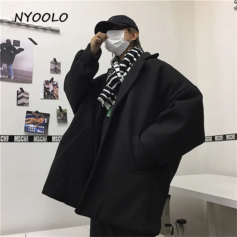 NYOOLO осенне-зимняя уличная мода Карманы черное теплое шерстяное пальто повседневные свободные однобортные утепленные куртки женская и мужская верхняя одежда