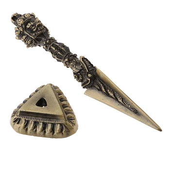 

Vintage Bronze Buddhist Phurpa Dorje Phurba Dragon Head Wand Talisma w/ Base