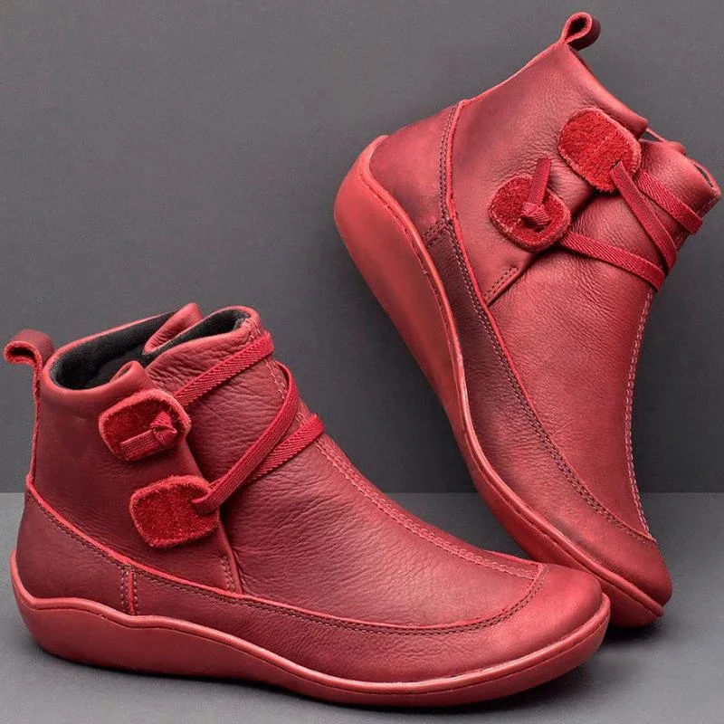 Женские ботильоны из искусственной кожи в винтажном стиле; женская короткая плюшевая зимняя женская обувь с перекрестными ремешками; женская обувь на плоской подошве; botas mujer - Цвет: red