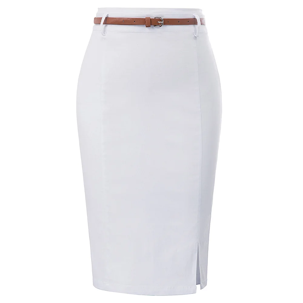 

KK Women's Solid Color Belt Decorated Hips-wrapped Bodycon Pencil Skirt