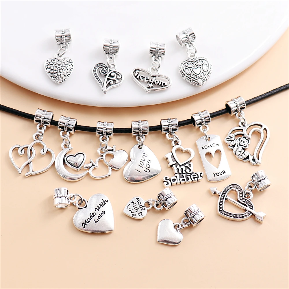 30Pcs/Set Mix Vintage Silver Kawaii Heart Pendant for Women's Pandora