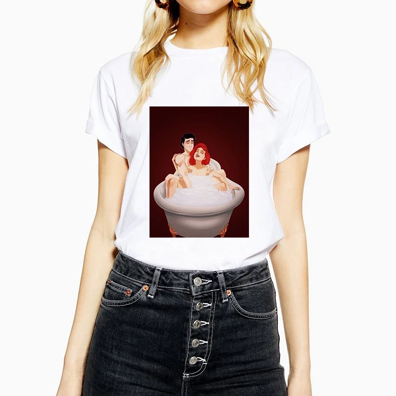 KMOGOER, Винтажная футболка с рисунком Ариэль и Эрика, хлопковая Футболка с круглым вырезом, мультяшный принт, Повседневная футболка с коротким рукавом, Harajuku, женская футболка размера плюс, топы
