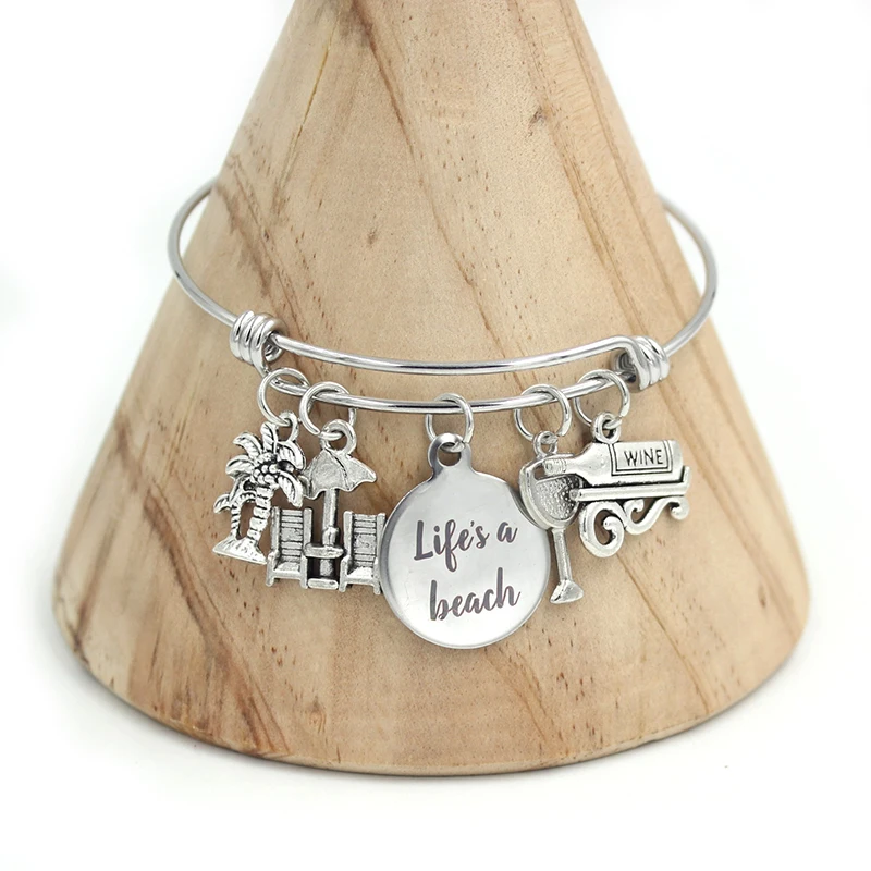 

Wholesale 10PCS Stainless Steel Bangle Expandable Wire Bangle Life is beach Bracelet Bangle for women girls Gifts Jewelry