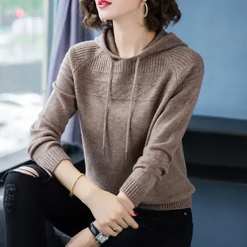 

Hooded Knitted Sweater Women Loose Casual Frill Long Sleeves Solid Color Breathable Pullover Jumpers Female 2020 Spring Summer