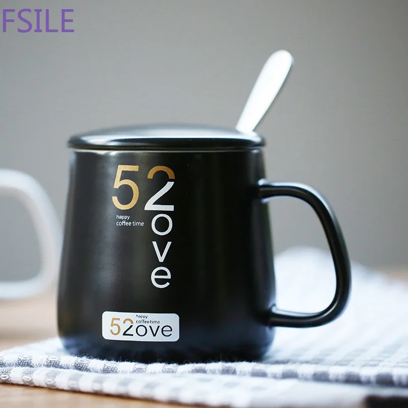 Fsile 400ml Creative 520 Couple Ceramics Coffee Mug with Lid Milk Breakfast Mugs Home Office Cup Coffee Tea Cups Gift Gift Box