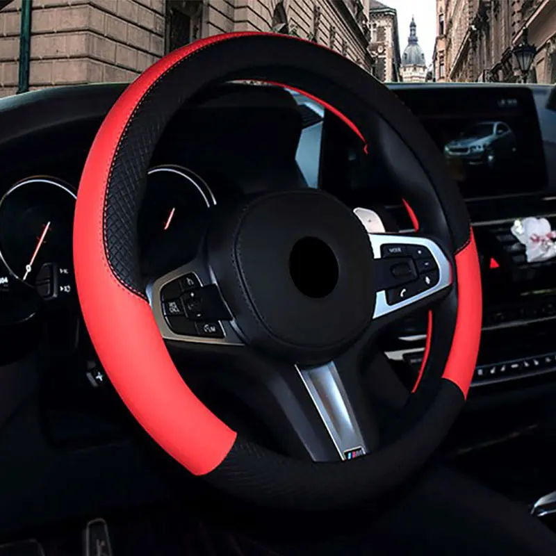 Крышка рулевого колеса автомобиля для Audi Q5 Q7 всесезонный кожаный руль нескользящий диаметр 38 см крышка рулевого колеса - Название цвета: Красный