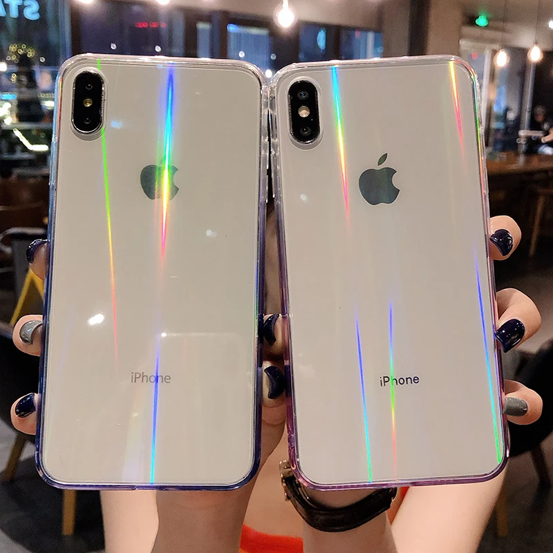 

Gradient Laser Glass Cases For iPhone 7 8 Plus 6 6S Plus Transparent Soft Silicone Edge Hard Glass Cases For iPhone X XR XS Max