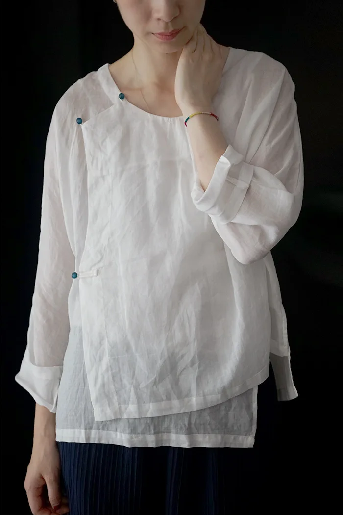 

National Customs Literature Surplice Ramie Irregular Pearl Buttons Shirt Light Chinese Style Zen Jacket S19247.