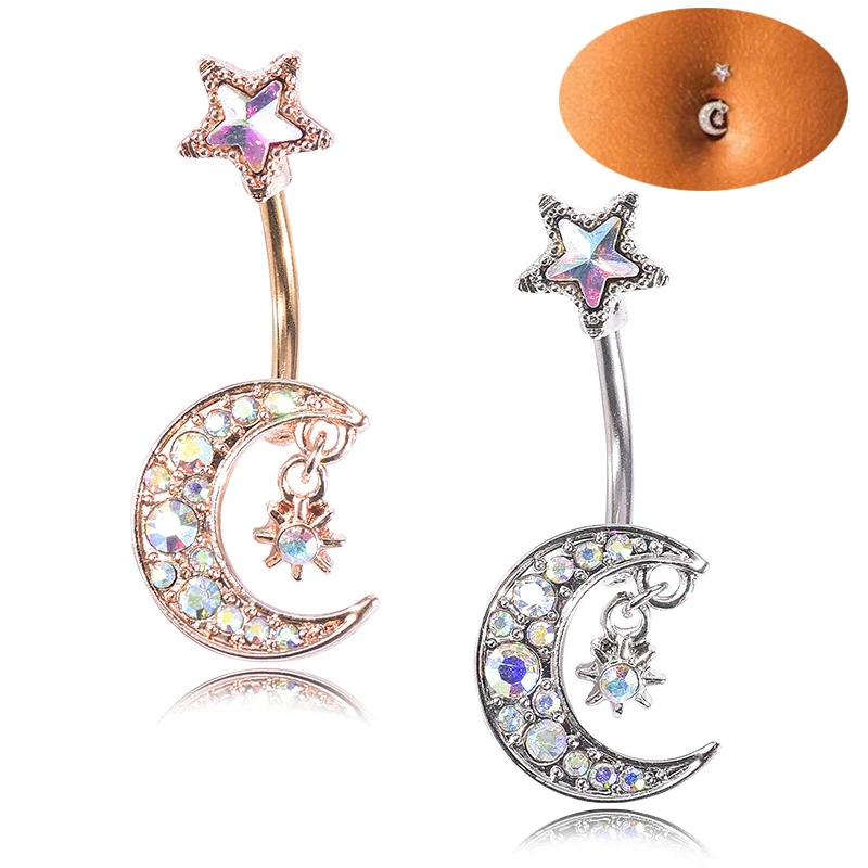 

1PC Moon Star Belly Piercing Women Belly Button Rings Rose Gold Color New Steel Rhinestone Sexy Belly Navel Piercing