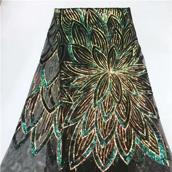 

French Tulle Lace Fabric Hgih Quality Teal African Wedding Lace Fabric Embroidery Nigerian Sequins Lace For party dress 5yards