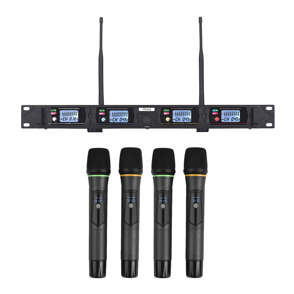 

Hot New Muslady D4 Professional 4-Channel UHF Wireless Microphone System Includes 4 Handheld Mics + 1 Rack-Mount Receiver