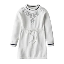 Осенние платья принцессы с поясом; Повседневное трикотажное платье для маленьких девочек с цветочным узором и длинными рукавами