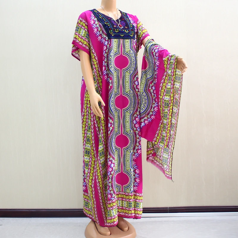 

Dashikiage African Dashiki Troditional Pattern Printed Appliques Short Sleeve Pink Long Dresses With Scarf