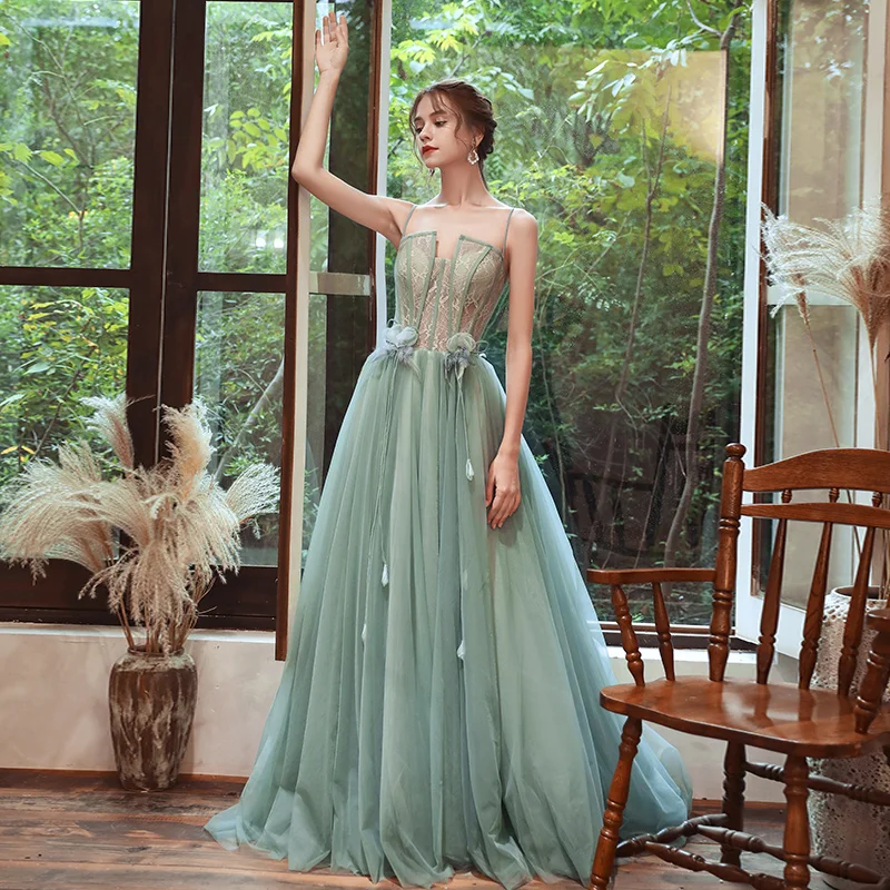 SSYFashion, свежий светильник, зеленое вечернее платье, спагетти ремень, без рукавов, длина до пола, длинное, выпускное, официальное платье, Vestido De Noche