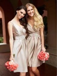 Fashion Sexy Elegant Deep V-Neck Sleeveless Beaded Knee-Length Satin A-Line Short Bridesmaid Dresses 2016