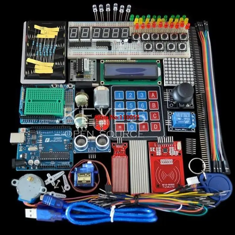 

Starter Kit for Arduino Uno R3 - MEGA328P Breadboard and holder Step Motor / SG90 Servo /1602 LCD/jumper Wire/RFID Module/Relay