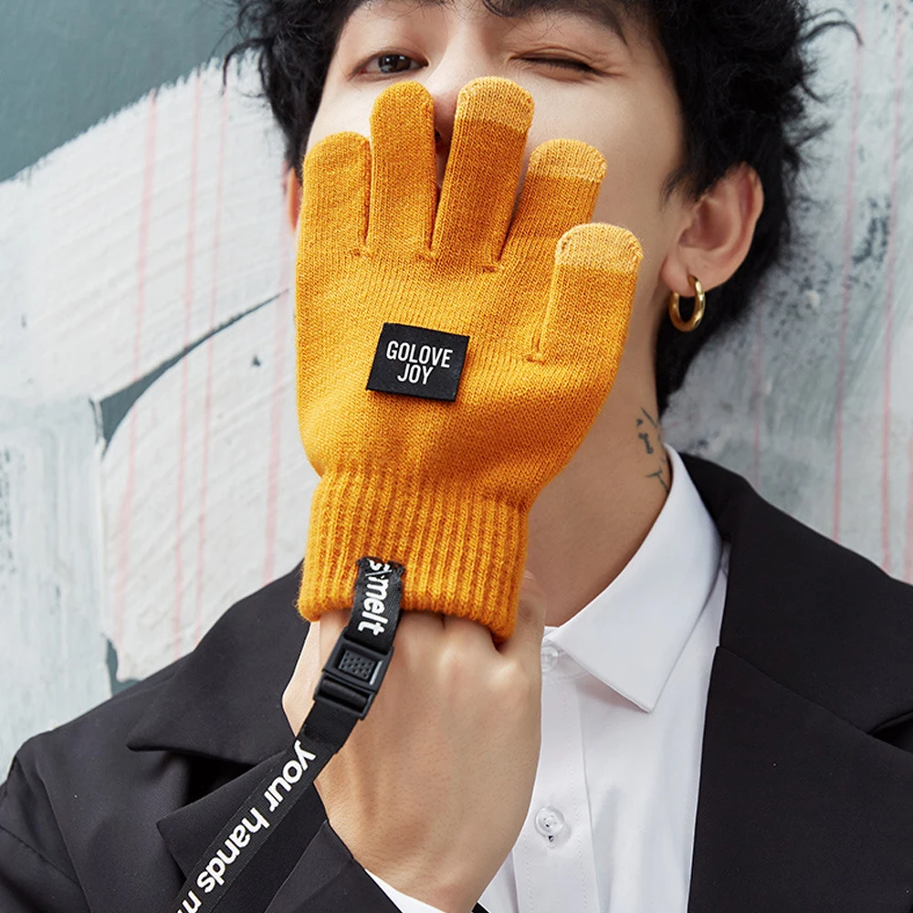 1Pair Winter Gloves With Hanging Rope Knit Mitten Anti-slip Touch Screen Gloves Wool Warm Gloves for Men Boys