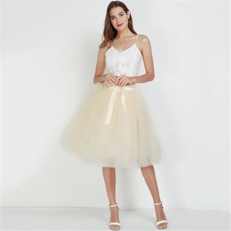 7 слоистых 65 см длиной до колена Тюлевая юбка-пачка Женская эластичная плиссированная юбка с высокой талией бальная юбка для подружки невесты на свадьбу