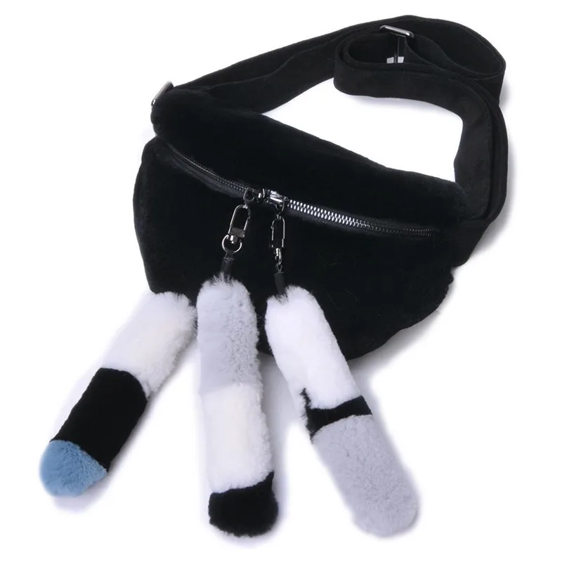 Женский Настоящий мех кролика поясная сумка пушистая теплая меховая женская прогулочная альпинистская лента для живота наивысшего качества на молнии - Цвет: black